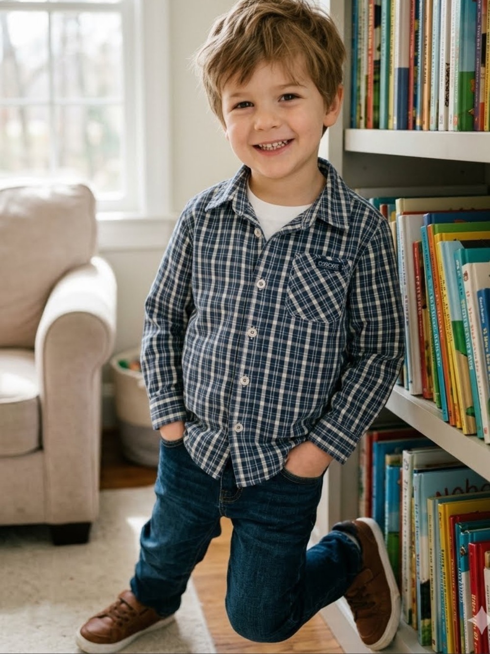 Cherokee Blue and White Plaid Button-Down Shirt for Kids